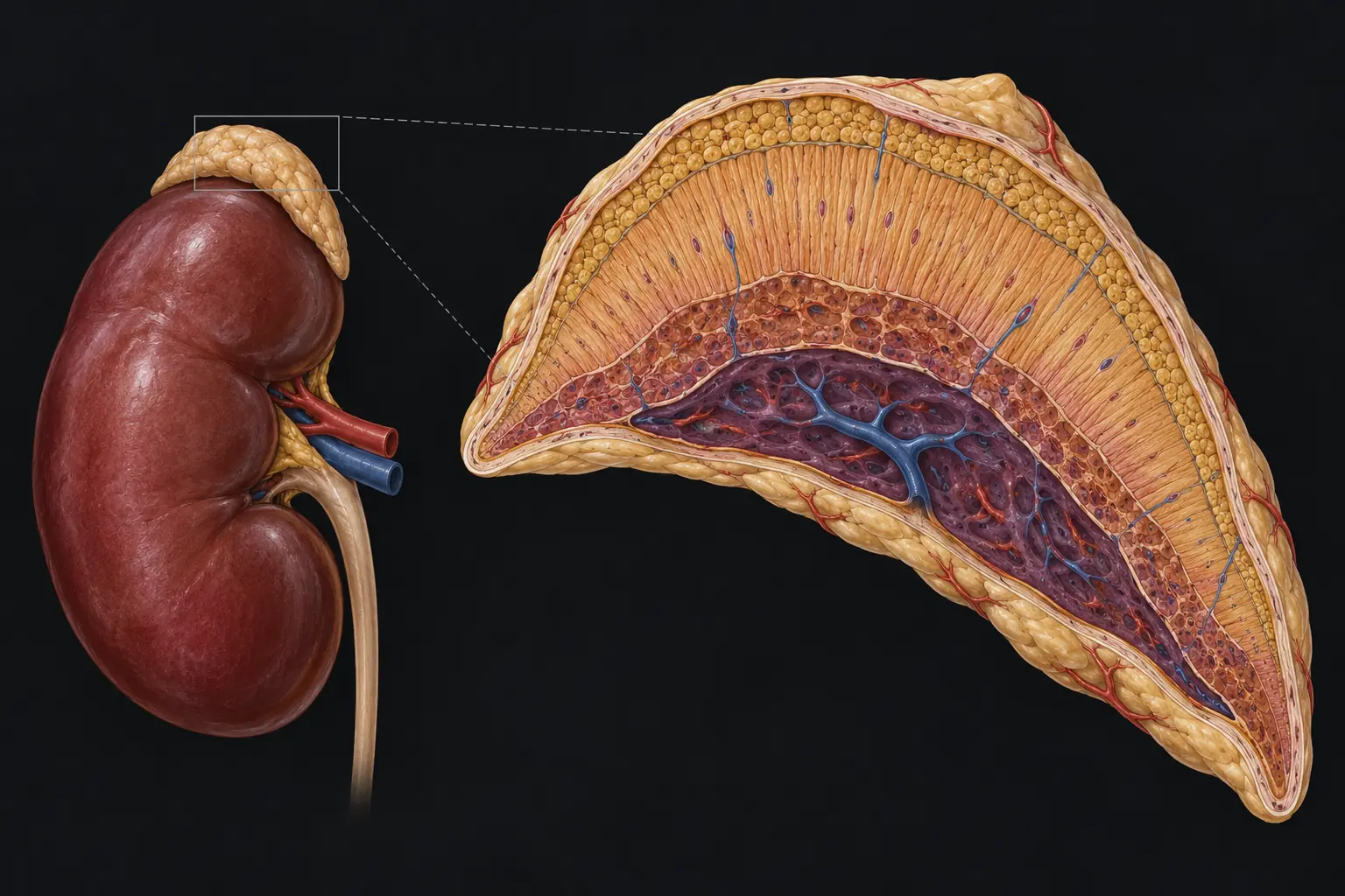Kidney and adrenal gland with adrenal cortical layers and medulla