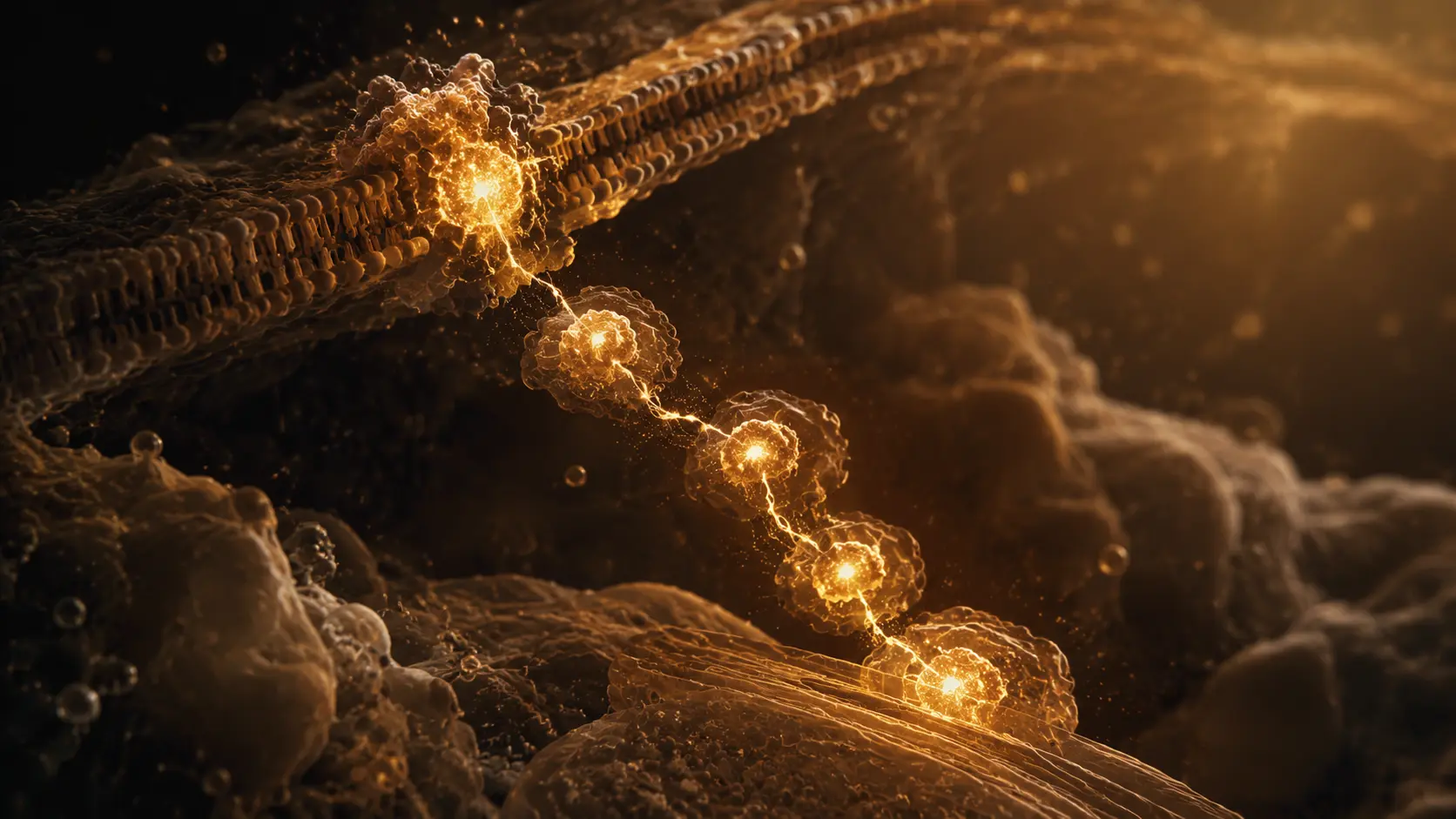 Amber cellular landscape representing a biological signalling pathway