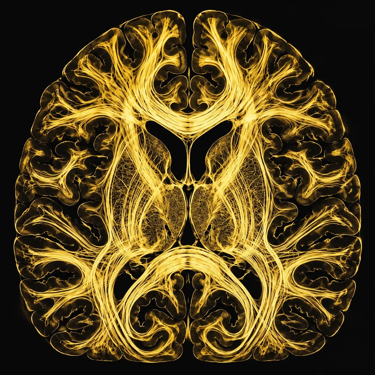 Golden coronal brain section with luminous neural fibre tracts
